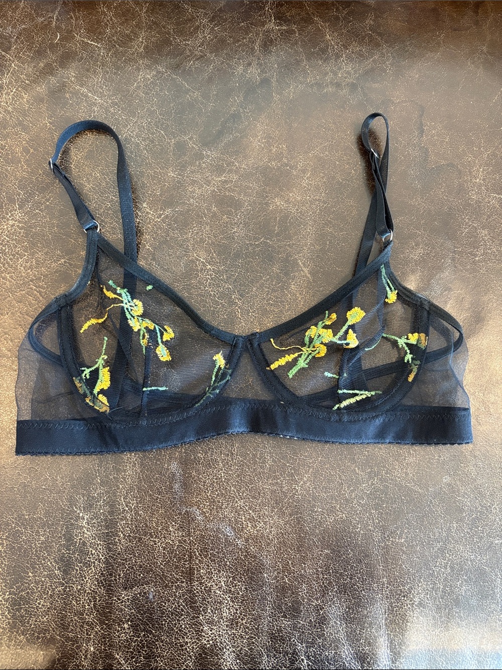 Sheer Black Embroidered Floral Underwire Bra Size S